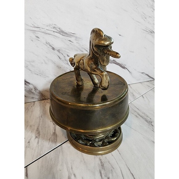 Vintage Brass Unicorn Music Box 1970s Fantasy Figurine Spinning Base Works Great - Picture 3 of 9
